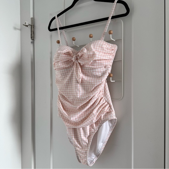 Retro pink & white gingham ruched one-piece swimsuit - size 10 (Large) NWOT - Picture 2 of 4